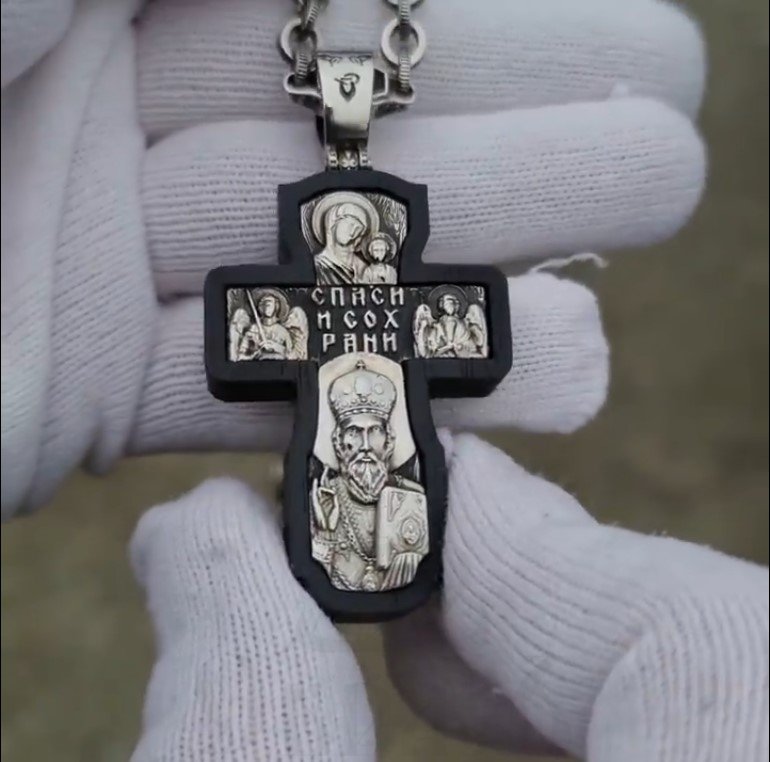 крест «распятие, казанска икона божией матери, николай чудотворец», серебро 925 проба эбен (арт. кэ025нч)